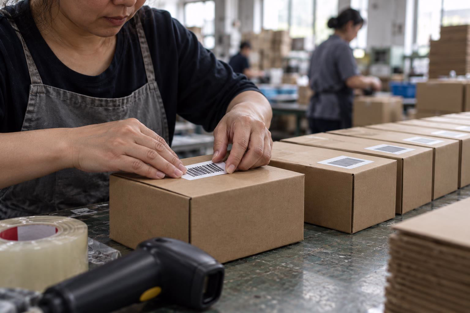Una operaria coloca una etiqueta de código de barras sobre una caja neutra en el banco de una fábrica