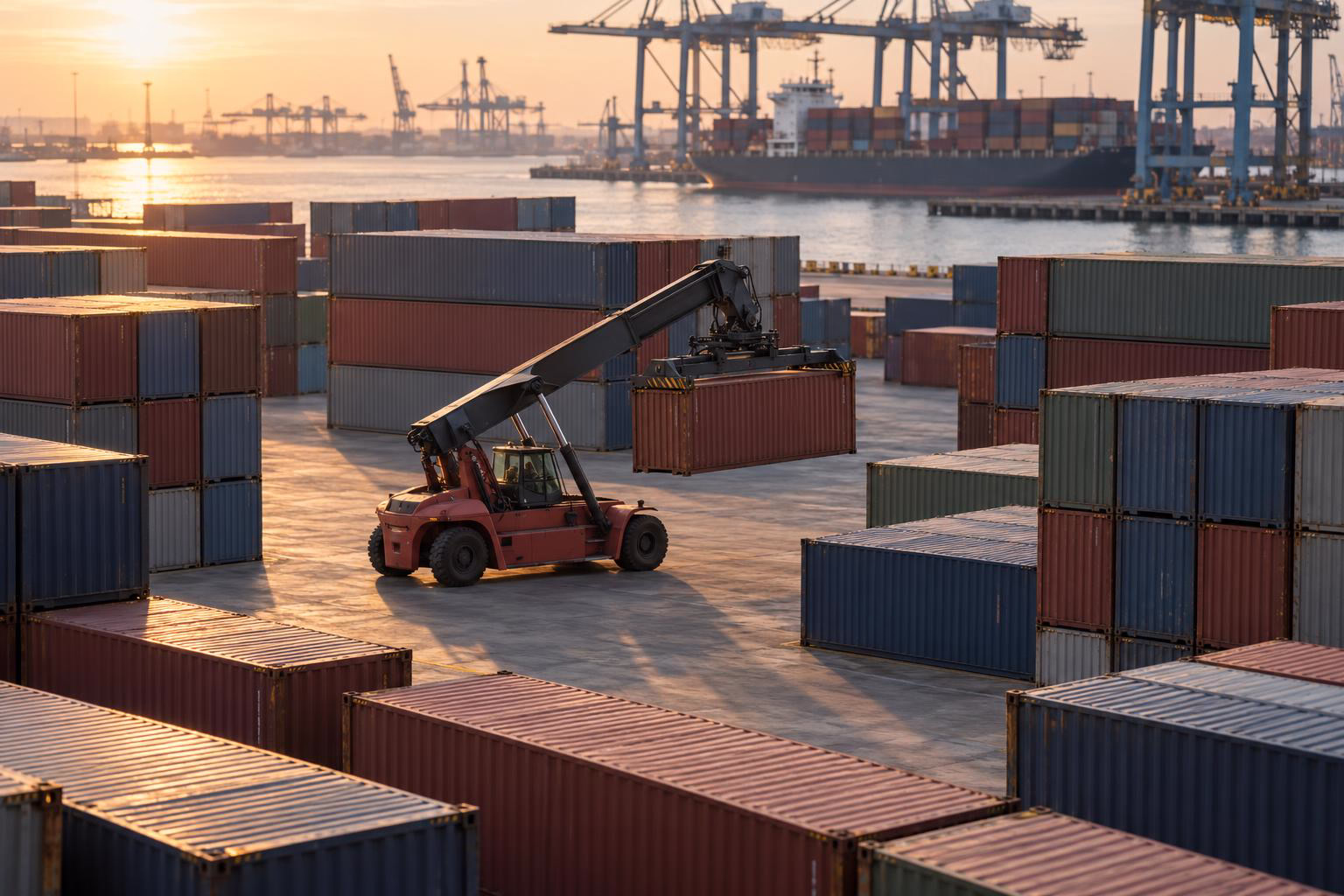 Contenedores apilados en el terminal, una reach stacker moviendo uno
