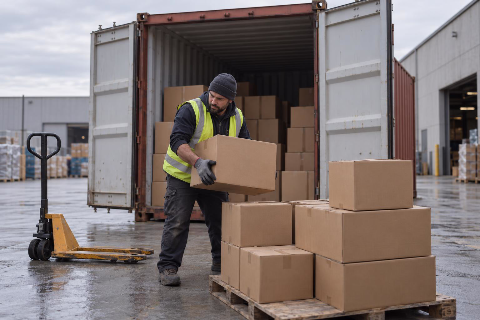 Contenedor abierto en el CFS, cajas en el suelo a la espera de clasificación
